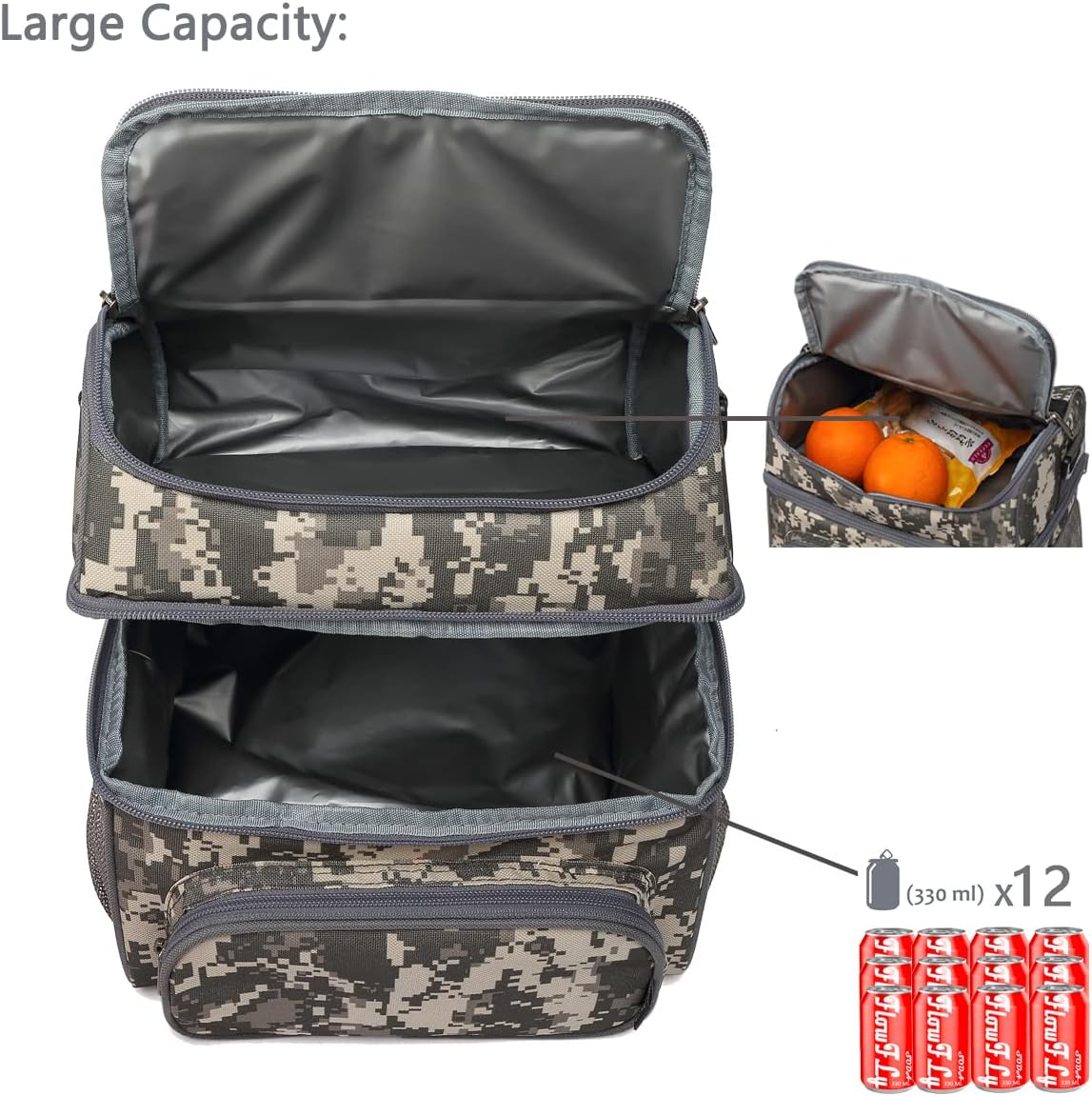 FlowFly Double Layer Cooler Insulated Lunch Bag Adult Lunch Box Large Tote Bag for Men, Women, With Adjustable Strap,Front Pocket and Dual Large Mesh Side Pockets