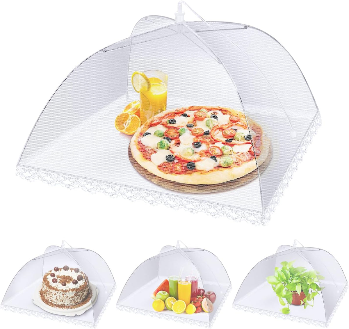 Flexzion Food Cover Tent - Pop Up Mesh Screen Net Umbrella Covers Keep Out Flies, Bugs, Mosquitoes, Perfect for Outdoor Picnic, BBQ, Camping, Fruit Dinner Protection, Reusable & Collapsible - 4 Pack