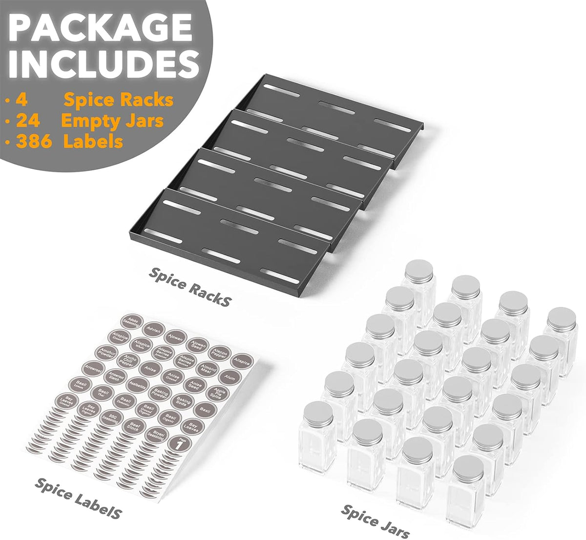 SpaceAid Spice Drawer Organizer with 24 Spice Jars, 386 Spice Labels, 4 Tier Seasoning Rack Tray Insert for Kitchen Drawers, 11.25" Wide x 17.5" Deep