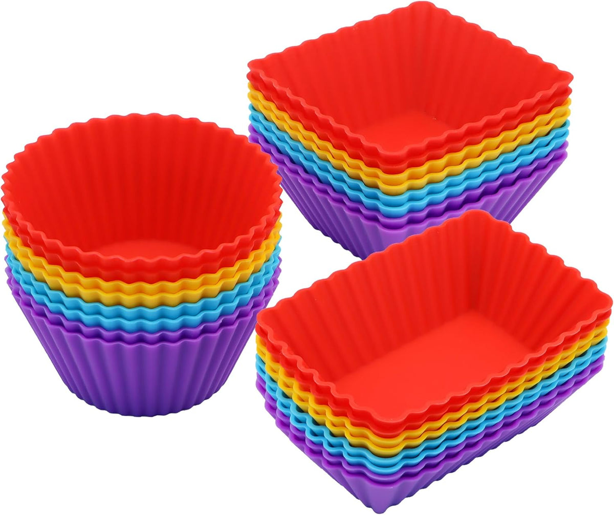 24-Pack Silicone Cupcake Liners, Reusable Muffin Cups – Round, Square & Rectangle Baking Cups, Non-Stick, Easy to Clean, Bento Box Accessories, Lunch Box Dividers for Kids(24 Liners + 20 Animal Picks)