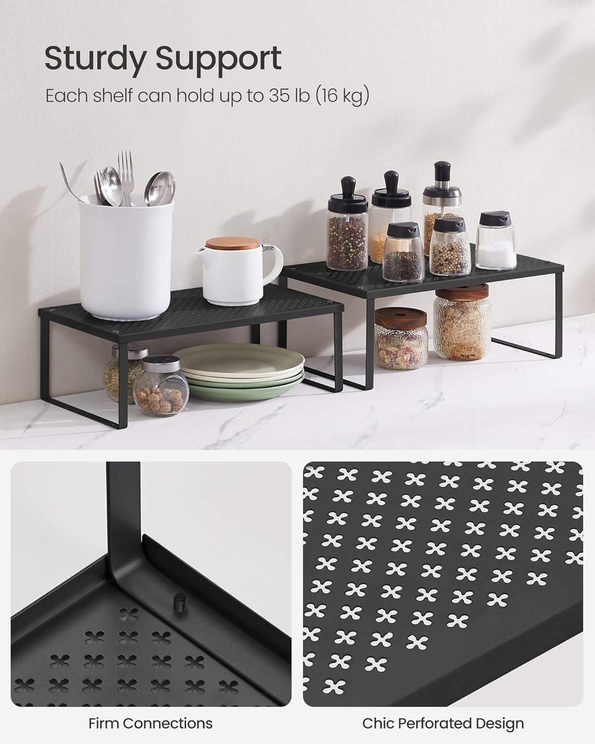 SONGMICS Spice Racks, Set of 2 Metal Cabinet Shelf Organizers, Countertop Organizers, Shelf Risers, Stackable, Expandable, Ink Black UKCS401B01