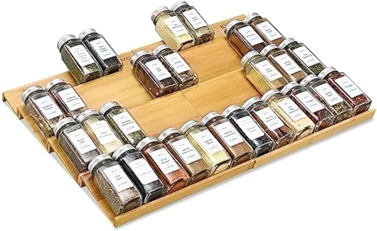 Spice Drawer Organzier,4 Tiers- 8Pcs Bamboo Spice Rack Tray Insert for Cabinet Drawer Countertop, Kitchen Seasoning Storage Drawer Organization,22" Wide x 15.8" Deep （Hold UP To 48 Jars