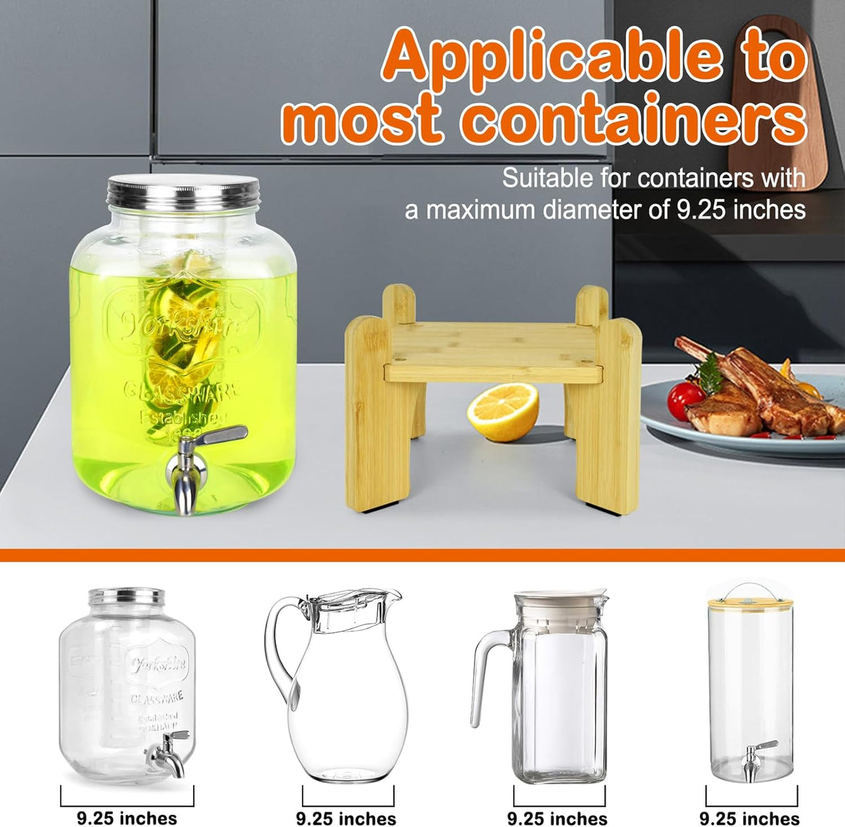 Drink Dispenser,Water Dispenser And Beverage Dispenser Stand(Natural Bamboo).Fit Inch Glass Drink Dispenser,Water Jugs,Glass Water Pitcher.Ideal for Home, Parties, and Catering Events.