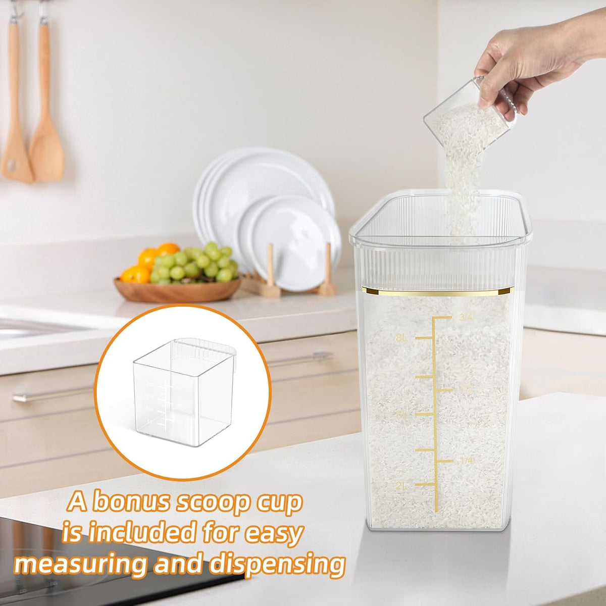 Rice Storage Container 15-20 Lbs, Tall & Narrow Food Storage Container with Measuring Scoop for Dry Goods Rice Flour Pet Food Bath Salt Storage, Clear Plastic Bin with Lid for Pantry Storage