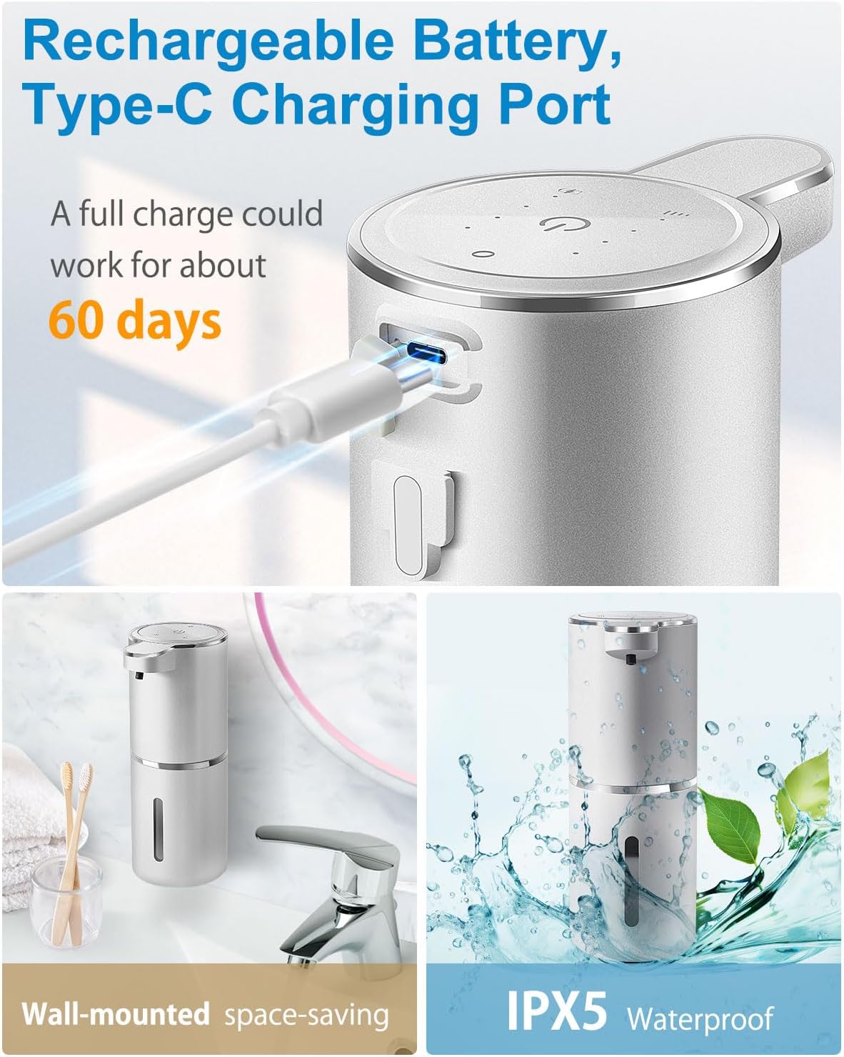 Automatic Foaming Soap Dispenser,4-Level Adjustable Foam, Wall Mount, USB Rechargeable,12.8oz/ 380ml,Touchless Hand & Dish Soap Dispenser for Bathroom, Kitchen,Hotel, Restaurant