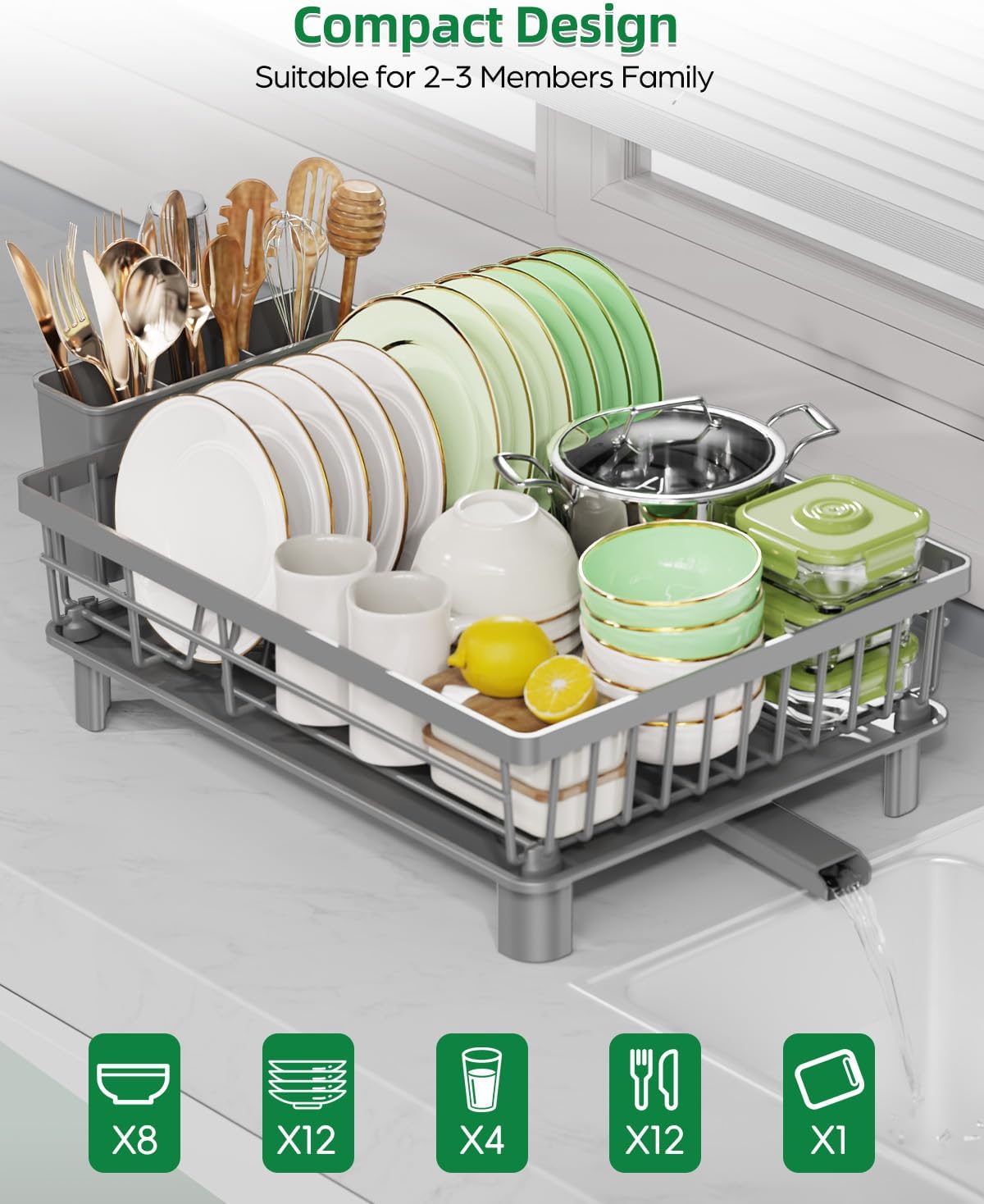 Dish Drying Rack, Stainless Steel Drainer Rack with Drainboard with Smart Drainage System, Space Saving Dish Strainer for Kitchen Counter with Cutlery Holder, Grey