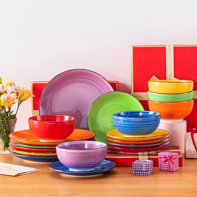 vancasso Bonita Dinnerware Set Muticolor Stoneware 18 Pieces Service for 6, Handpainted Spirals Pattern Stoneware Plates and Bowls Set