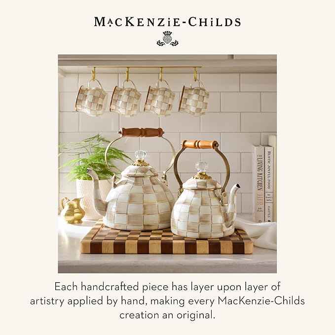 MACKENZIE-CHILDS Enamel Tea Kettle, Stylish Tea Kettle for Stovetop, Brown-and-White Mocha Check, 3 Quarts
