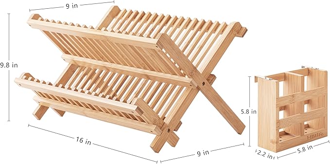 HBlife Dish Rack, Bamboo Folding 2-Tier Collapsible Drainer Dish Drying Rack with Utensils Flatware Holder Set (Dish Rack with Utensil Holder)