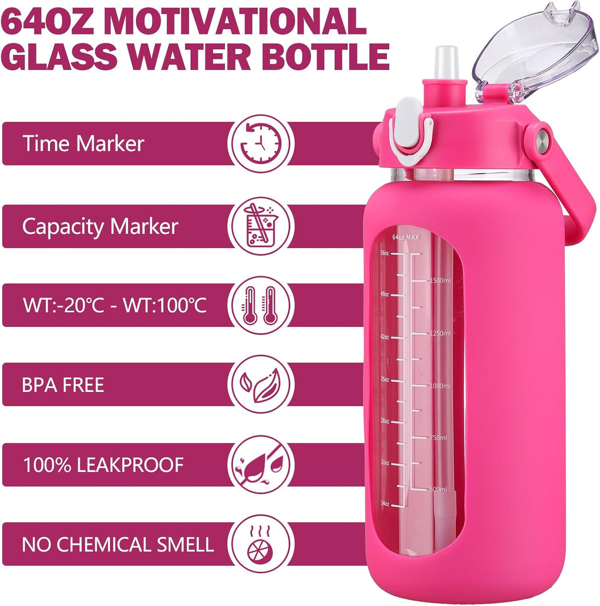 kytffu 42oz Glass Water Bottles with Straw, Motivational Glass Bottle with Silicone Sleeve and Time Marker, Leakproof Large Glass Water Jug for Gym Home Office,Rose red