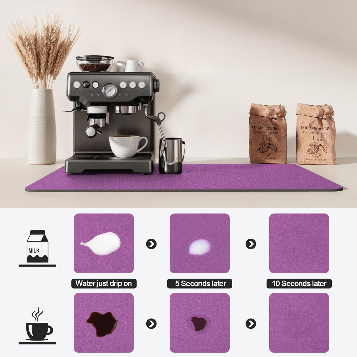 Dish Drying Mat for Kitchen Counter | Coffee Bar Mat for Countertops | Heat Resistant Drainer Mat with Non-slip Rubber Backed | Hide Stain Kitchen Absorbent Draining Mat | Purple 16"x18"