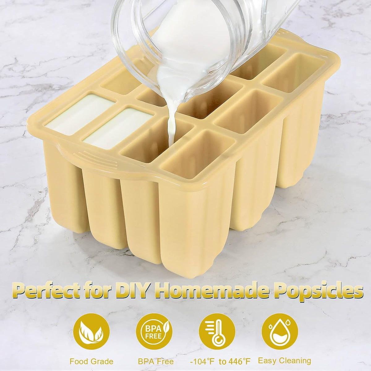 Silicone Popsicles Molds,Ice Pop Cream Mold Set Homemade Toddler Popsicle Maker For Kids Para Paletas De Helado Kulfi BPA Free, with 50 Sticks, 50 Bags,50 wire Ties (Yellow)