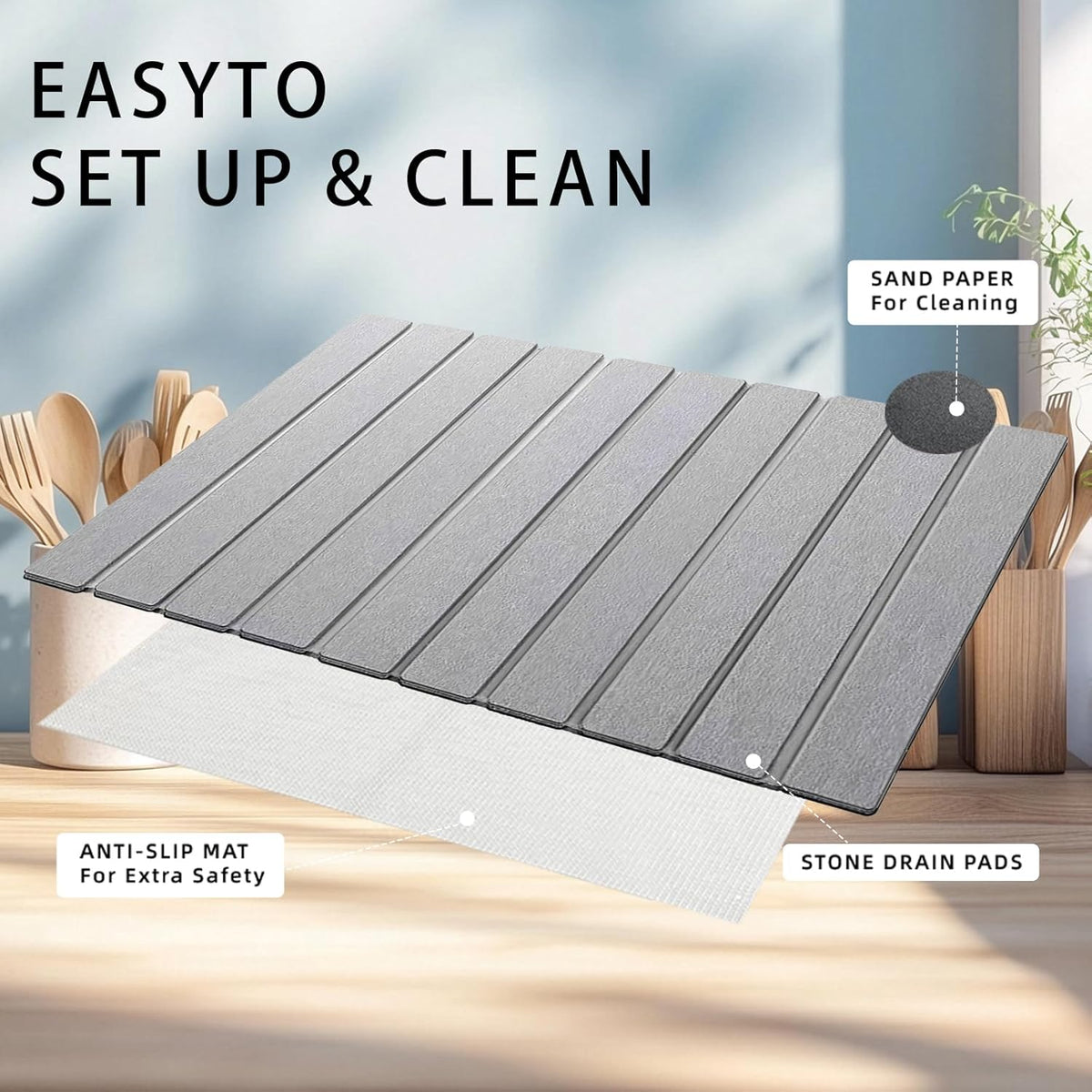 Stone Drying Mat for Kitchen Counter, Collapsible Dish Drying Mat, Fast Drying Diatomaceous Earth Dish Drying Mats, Water Absorbent Diatomite Kitchen Mat (grey, medium)