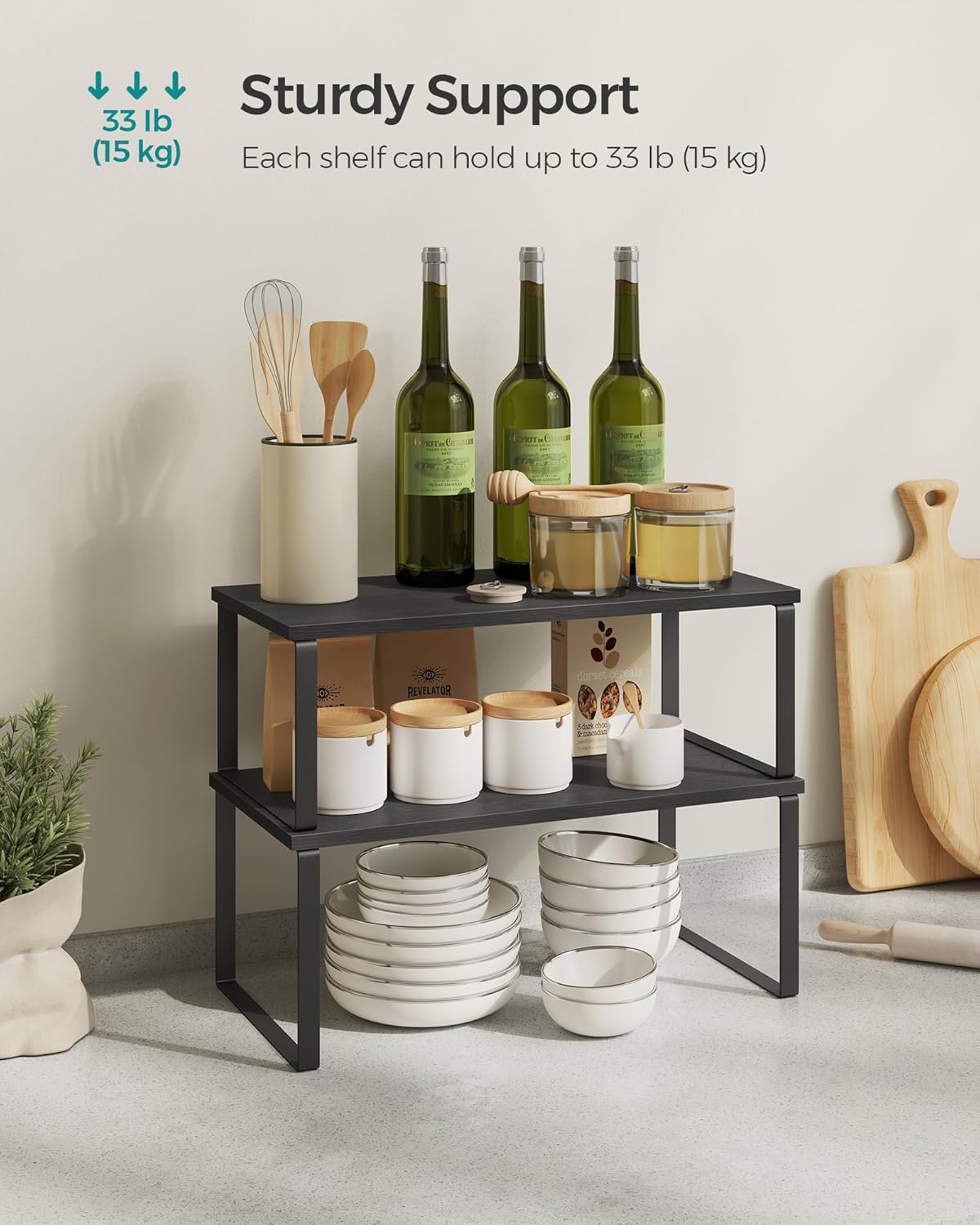 SONGMICS Cabinet Organizer Shelf, Set of 2 Kitchen Counter Shelves, Kitchen Storage, Spice Rack, Stackable, Expandable, Metal and Engineered Wood, Ink Black and Charcoal Black UKCS025B01