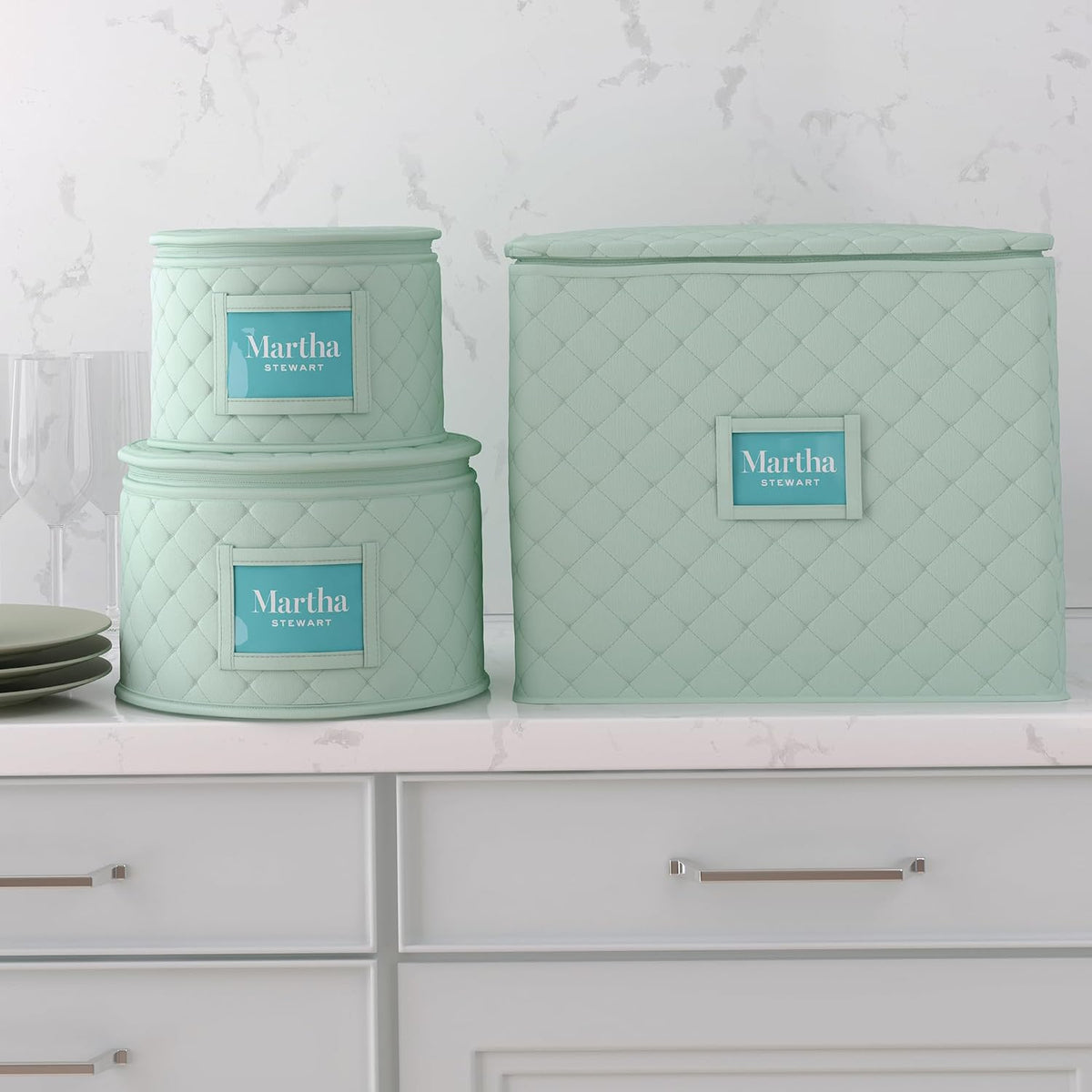 Martha Stewart Dinnerware Stemware Glassware Stackable Organizer Home Storage Container Case, 3 Piece Dinnerware Set Organizer For Dessert, Salad and Dinner Plates With Felt Dividers, Mint