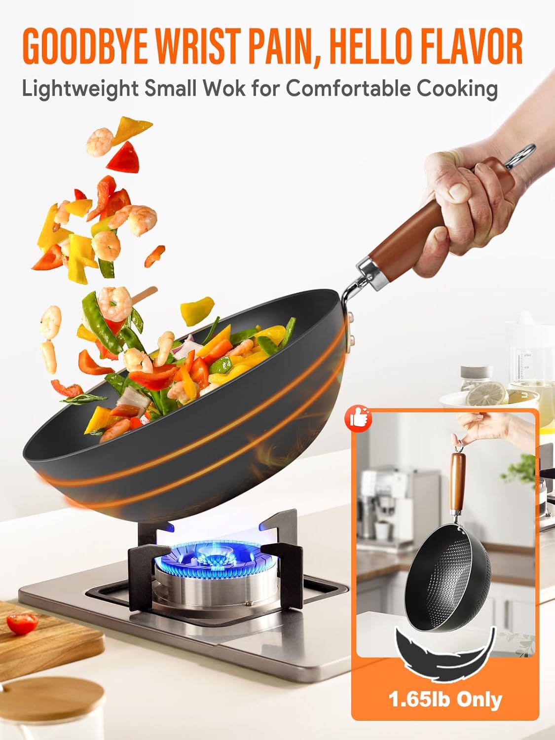 Carbon Steel Wok Pan, 9.5" Authentic Chinese Stir-Fry Pans Set with Glass Lid, 1.65lb Lightweight Flat Bottom Small Wok for 1-2 Servings