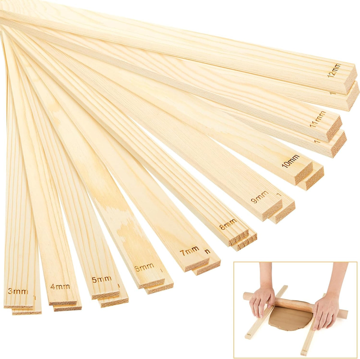 Sasylvia 20 Pcs Pottery Teaching Rolling Mud Stick Guide Mudboard Guide Wooden Strips Rolling Pin Guides Pottery Tools and Supplies for Manual Polymer Clay Tool Gift Craft(Assorted Sizes)