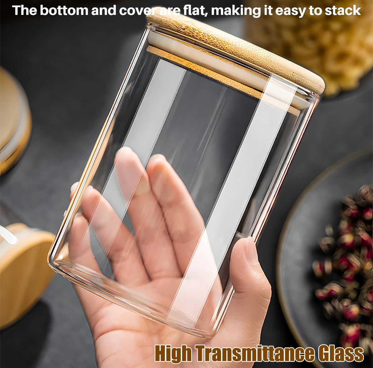38 oz Glass Food Storage Jars with Airtight Lids, Clear Glass Jar with Bamboo Lid, Airtight Food Canister for Tea, Candy, Coffee, Sugar, Cookie, Snack. (Square| 5+6 Inch) SET of 3