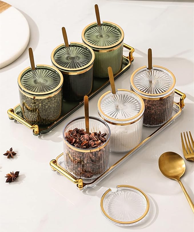 Acrylic Condiment Spice Jars,Condiment Spice Box With Lids and Spoons and Tray,Clear Plastic Sugar Salt Canisters,Seasoning Box 3 Pack,Seasoning Box Set for Kitchen to Storage Salt,Paprika,Sugar