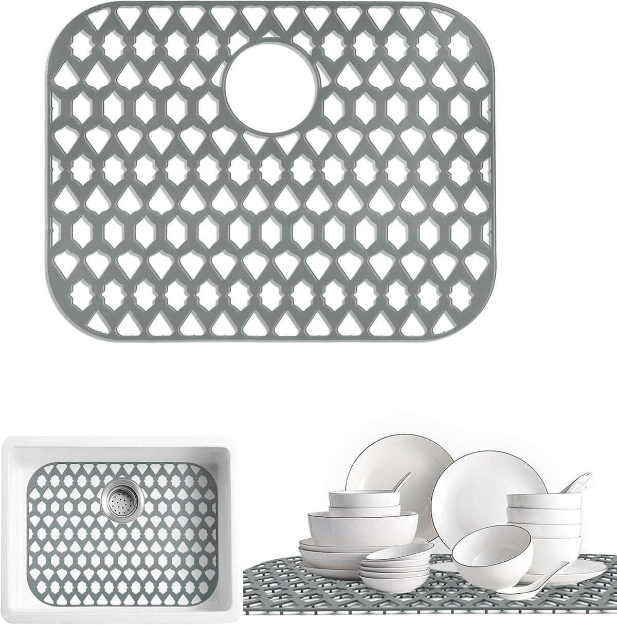 Sink Protectors for Kitchen Sink 13x11 &16x12 &19x14 &21x16 &22x13 &24x13 &26x14 &28x14 &30x16, Large Silicone Sink Mats Grid for Bottom of Farmhouse Sink (21”x16”, Rear Drain)