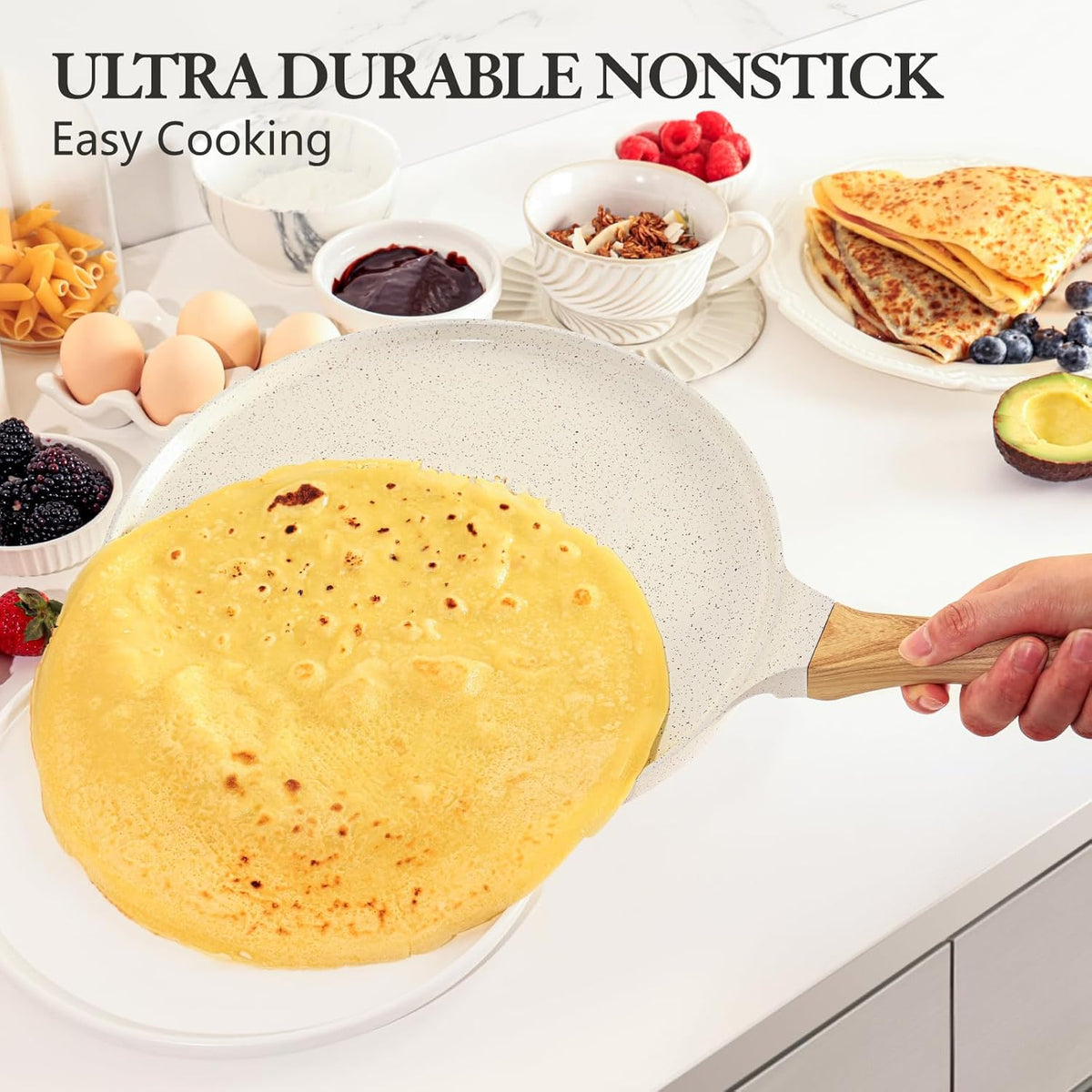 SENSARTE Nonstick Crepe Pan with Spreader, 10-Inch Natural Ceramic Coating Dosa Pan Pancake Flat Skillet Tawa Griddle with Stay-Cool Handle, Induction Compatible (White)