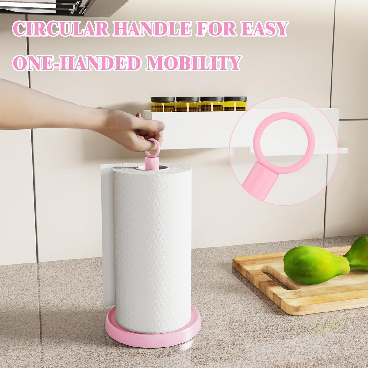 Pink Paper Towel Holder Countertop, Pink Kitchen Accessories Decor, One-Handed Tear, Stainless Steel, Weighted Base, Ring Paper Towel Holder Stand with Ratchet System for Kitchen Farmhouse Essentials