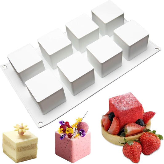 OCPO KITCHEN Cube Silicone Mold for Baking Mousse Cake, French Dessert, Pastry, Chocolate, Brownie, Ice Cream, Pudding, Ice Mold, 3D Cube Shape (8-Cavity)