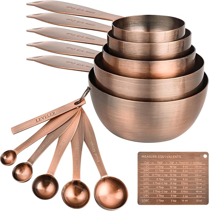 Smithcraft Measuring Cups and Spoons Set, 12 Pieces Stainless Steel Measuring Cup Set, Metal Copper Measuring Cups Spoons, Dry & Liquid Kitchen Measure Cup Spoon & Leveler & Measure Equivalents