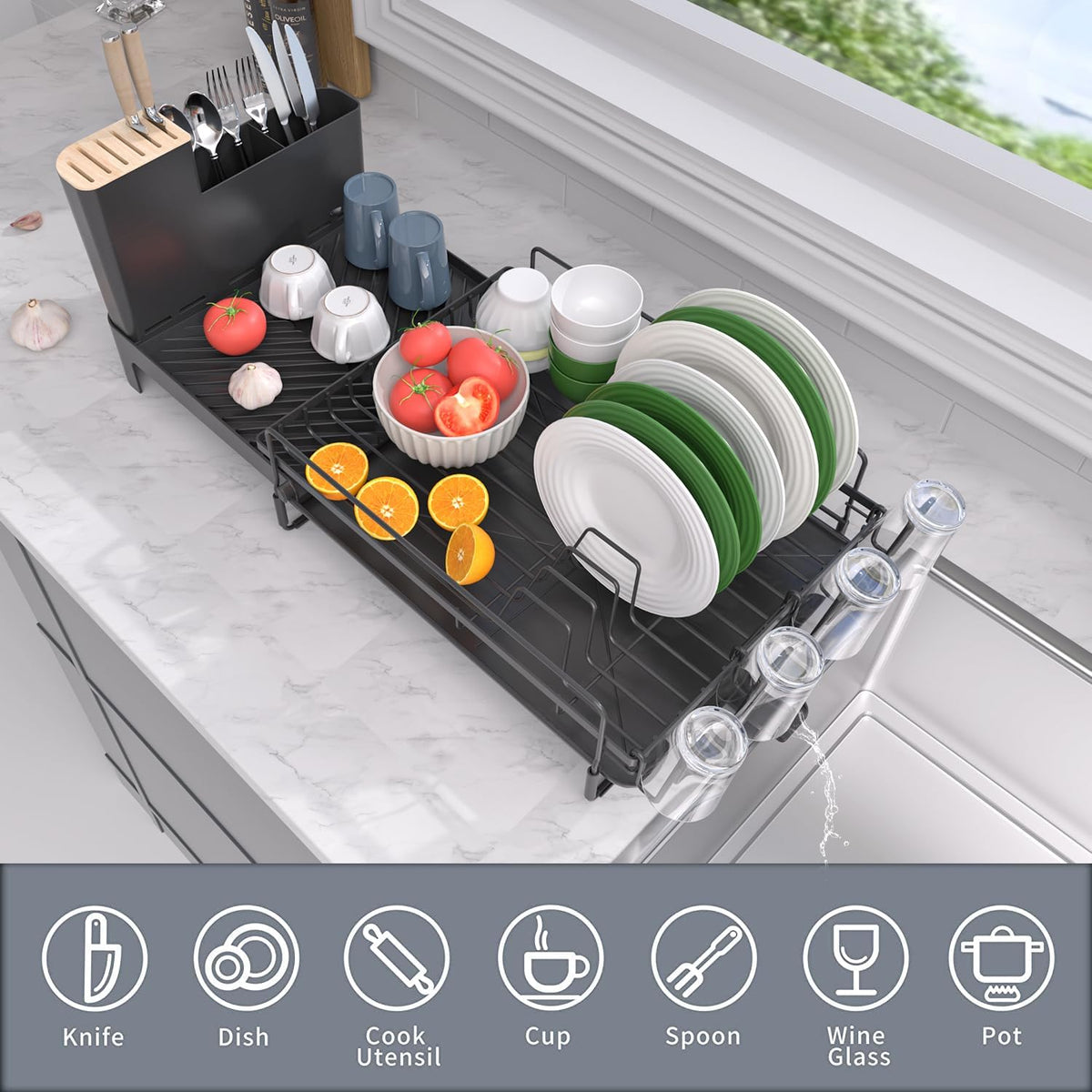 Runnatal Large Detachable Dish Rack with Drainboard Set, Dish Drying Rack Extendable Dish Rack, Utensil Holder, Cup Holder, Expandable Dish Drainer for All Kitchen Counter