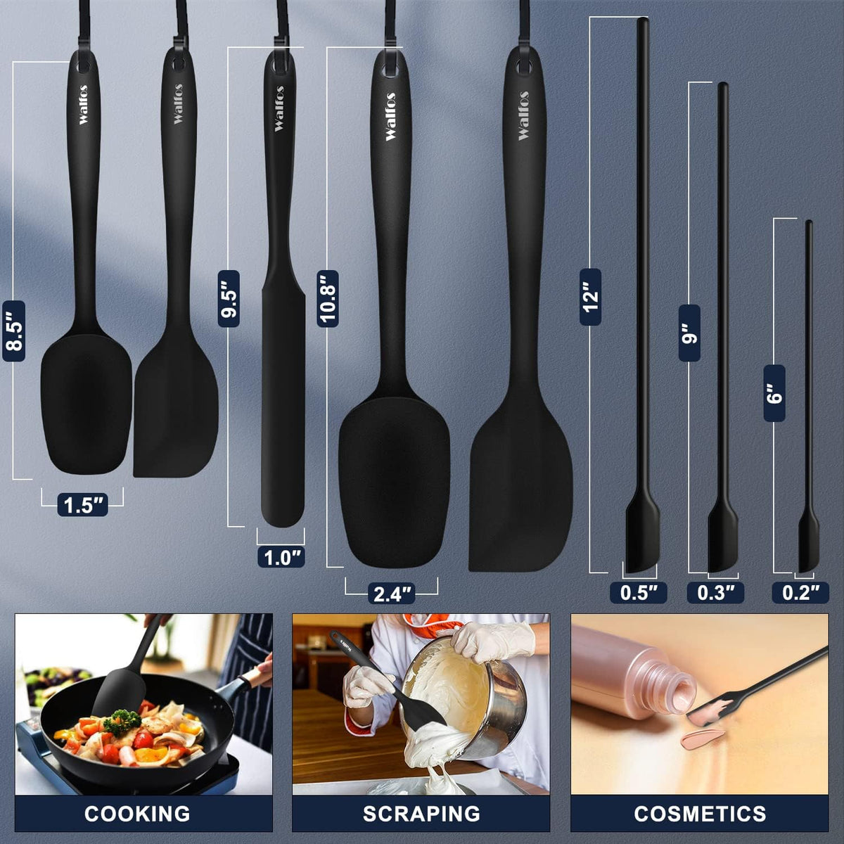 Walfos Silicone Spatula Set of 8(600°F）- Heat Resistant Kitchen Silicone Scraper Spatulas & Mini Spatulas, One-Piece Seamless Design, Perfect for Cooking Mixing & for Non-stick Cookware,black