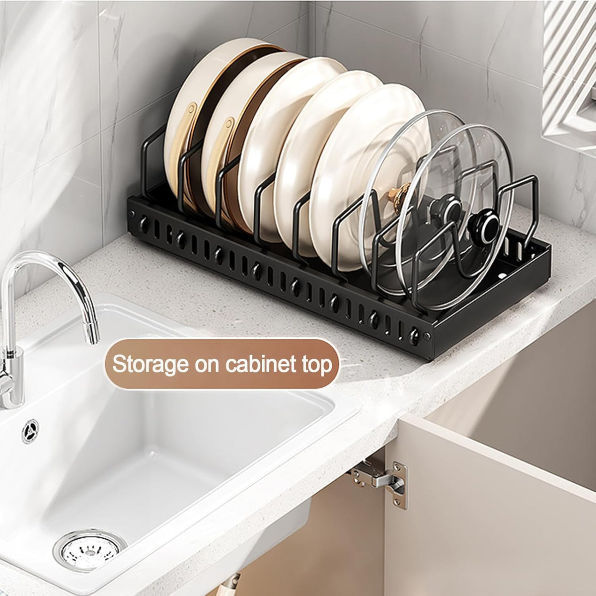 Pots and Pans Organizer Under Cabinet, Sliding Pot Lid Holder and Pan Rack in Kitchen, Pull out Pot and Pan Organizer, for Pot Lid, Bakeware, Dishes, Pots and Pans Storage
