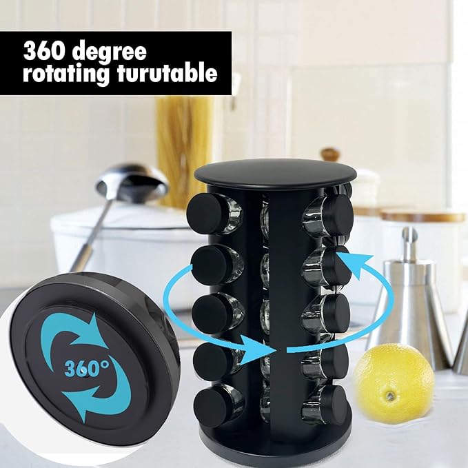 KALINCO Rotating Spice Rack Organizer, Revolving Spice Rack for Cabinet, Stainless Steel Spice Organizer with Jars(20-Jar) Black