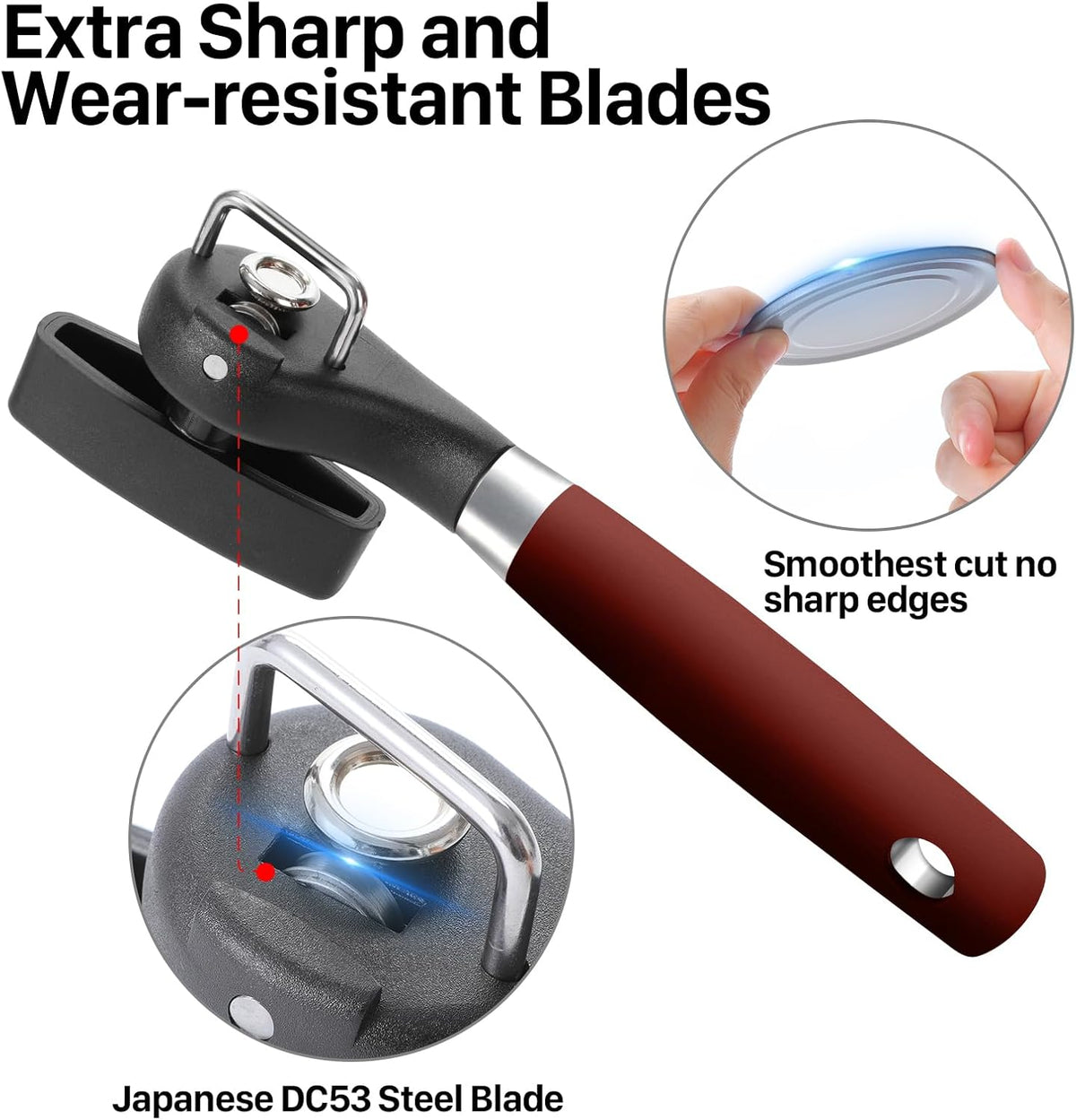 Beneno Can Opener, Manual Side Safe Cut Can Opener Smooth Edge with Durable Sharp Blade, Effort-Saving Knob & Comfortable Non-slip Handle, Red