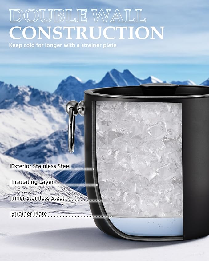 Insulated Ice Bucket, 3L Double Wall Stainless Steel Ice Bucket with Tongs,Lid, Scoop and Strainer, Ice Buckets for Parties,Cocktail Bars, Chilling Beer, Champagne, Wine Bottles