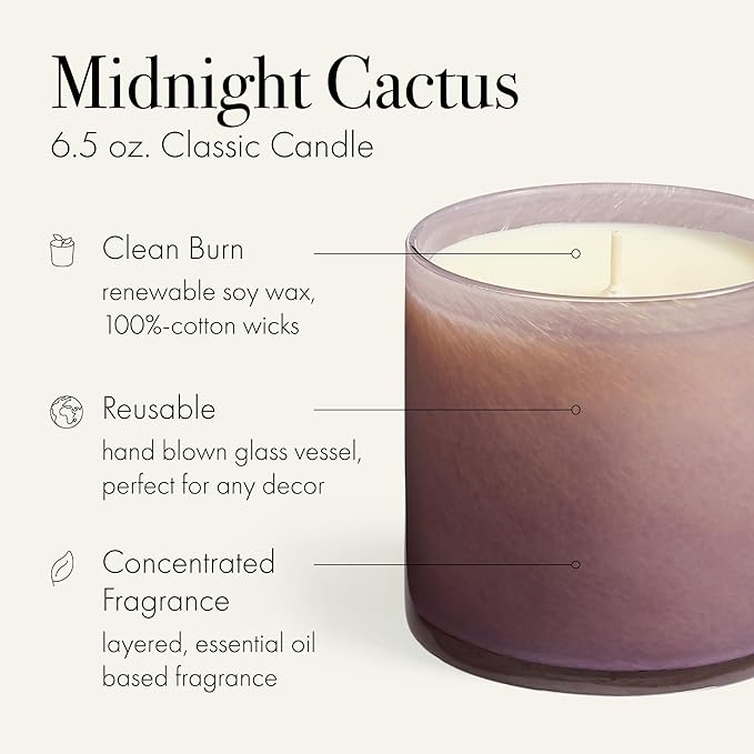 LAFCO New York Classic Candle, Midnight Cactus - 6.5 oz - 50-Hour Burn Time - Reusable, Hand Blown Glass Vessel - Made in The USA