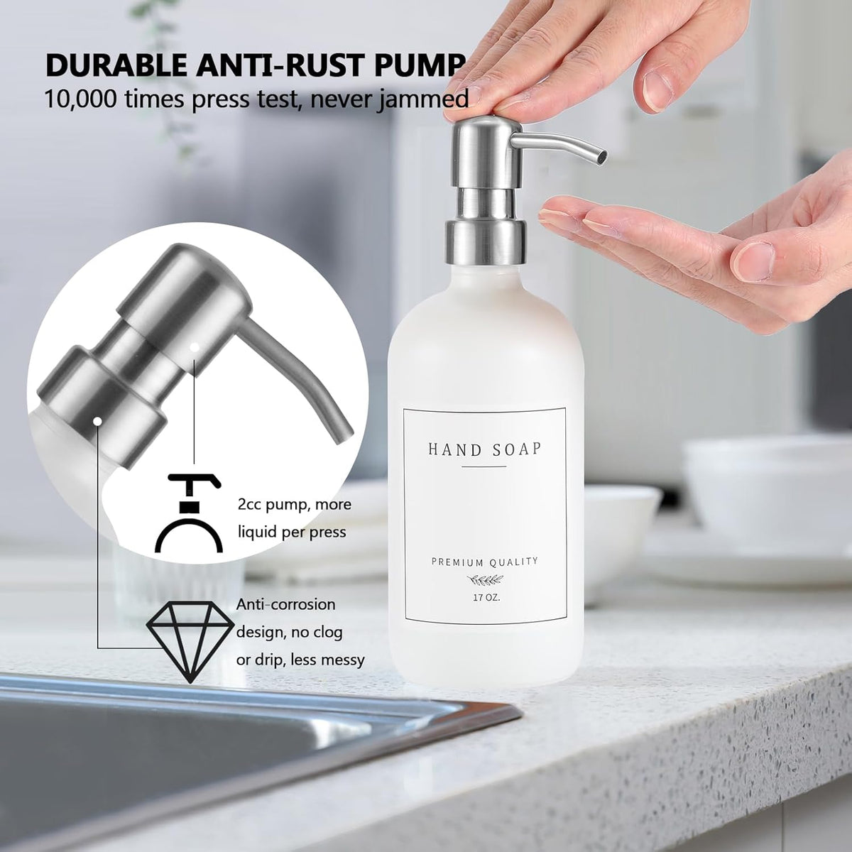 Thick Glass Soap Dispenser - Kitchen Dish Hand Soap Dispenser Set, Rustproof Pump Soap Lotion Dispenser Bathroom with Tray,14 Stickers for Kitchen Decor White Bottle/Silver Pump