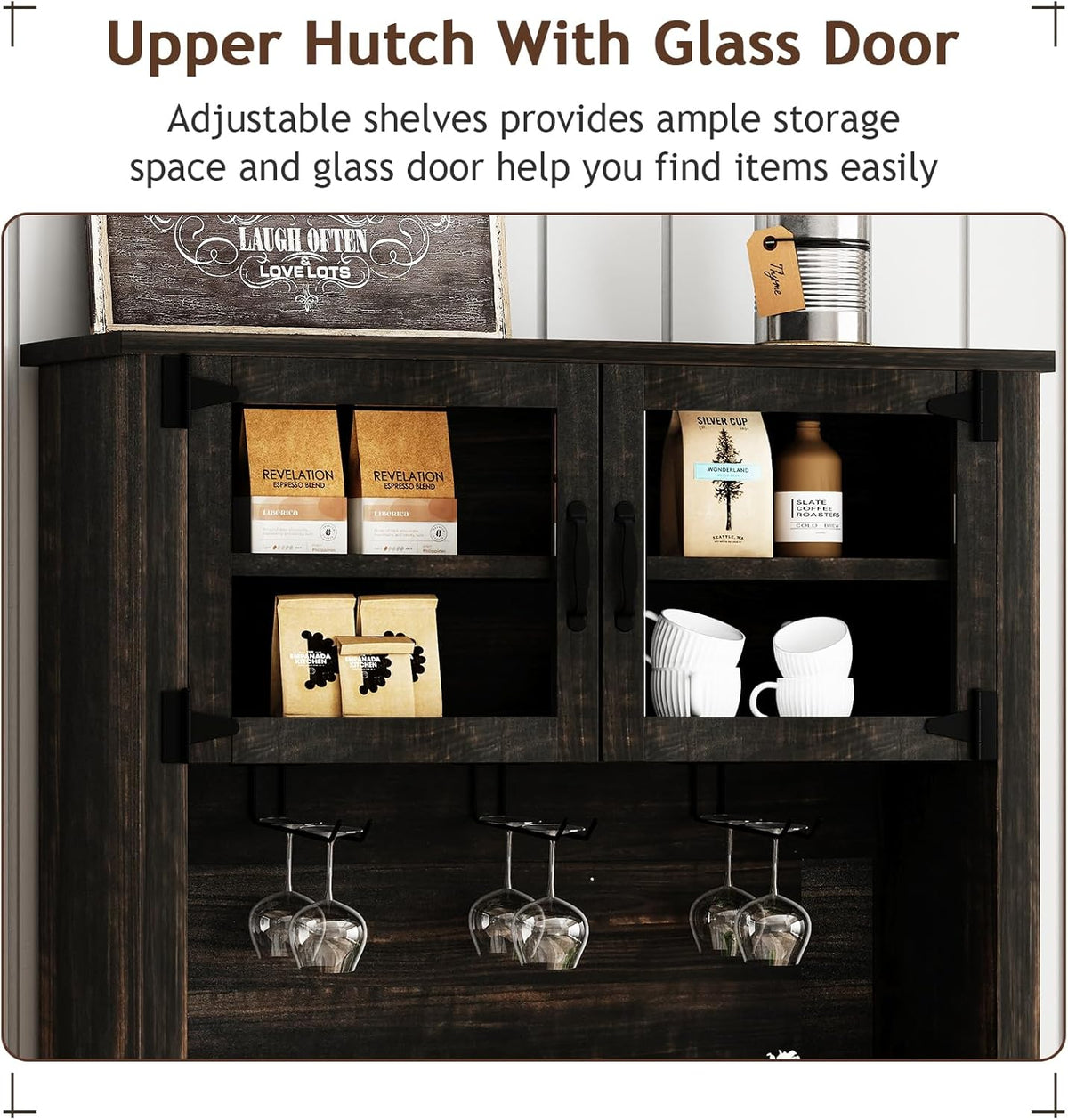 4ever2buy Farmhouse Coffee Bar Cabinet with Sliding Barn Door, 72" Hutch Coffee Bar with Storage, Large Kitchen Buffet Cabinet with Hutch, Tall Bar Cabinet Table for Living Dining Room, Oak