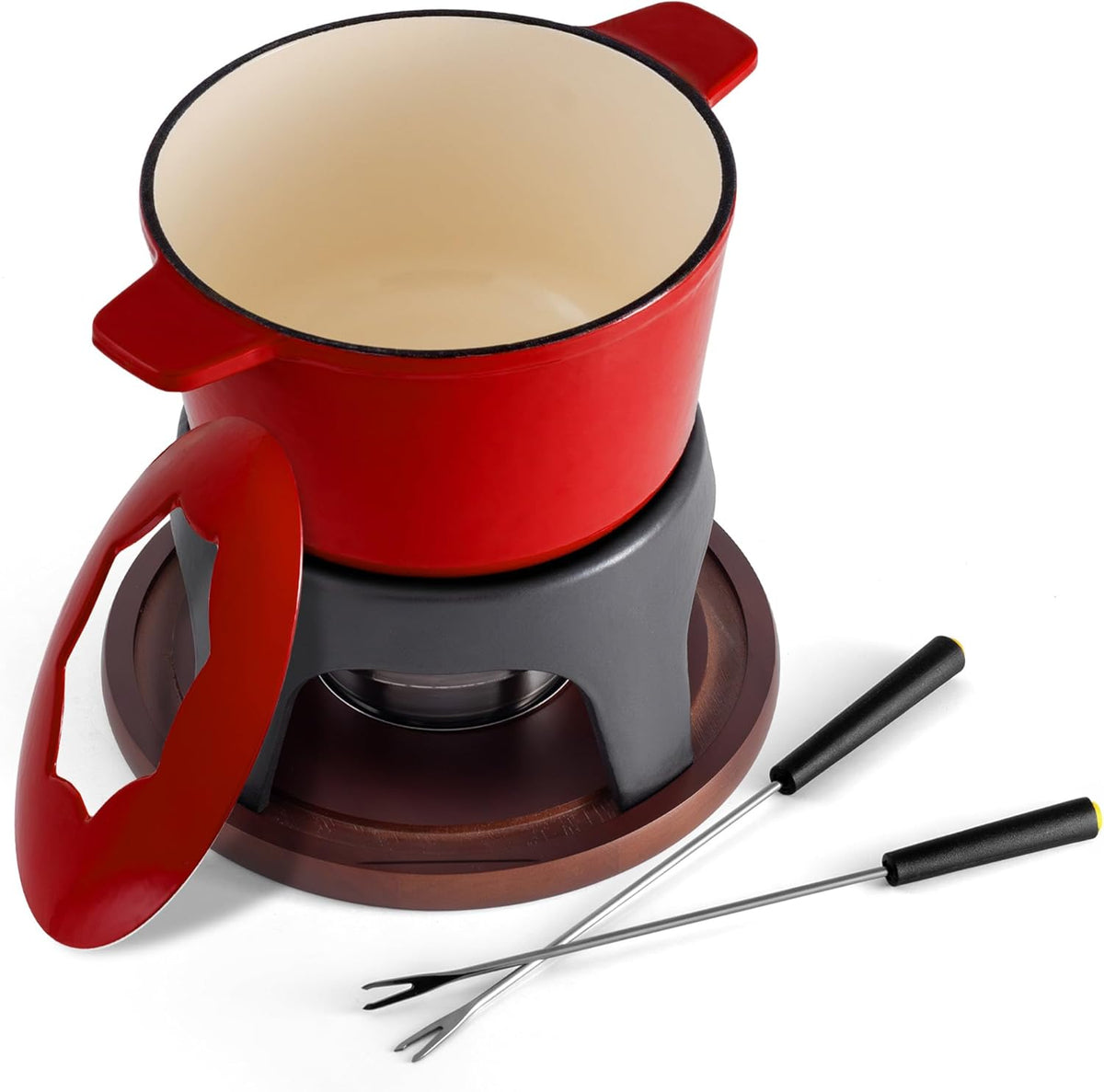 Swissmar Sierra Cast Iron Fondue Set, 1.6 Quart / 1.6 Liter – Perfect for Meat, Cheese, & Chocolate Fondues – Ideal for Family Bonding & Hosting Gifts - 12-Pieces, Cherry Red