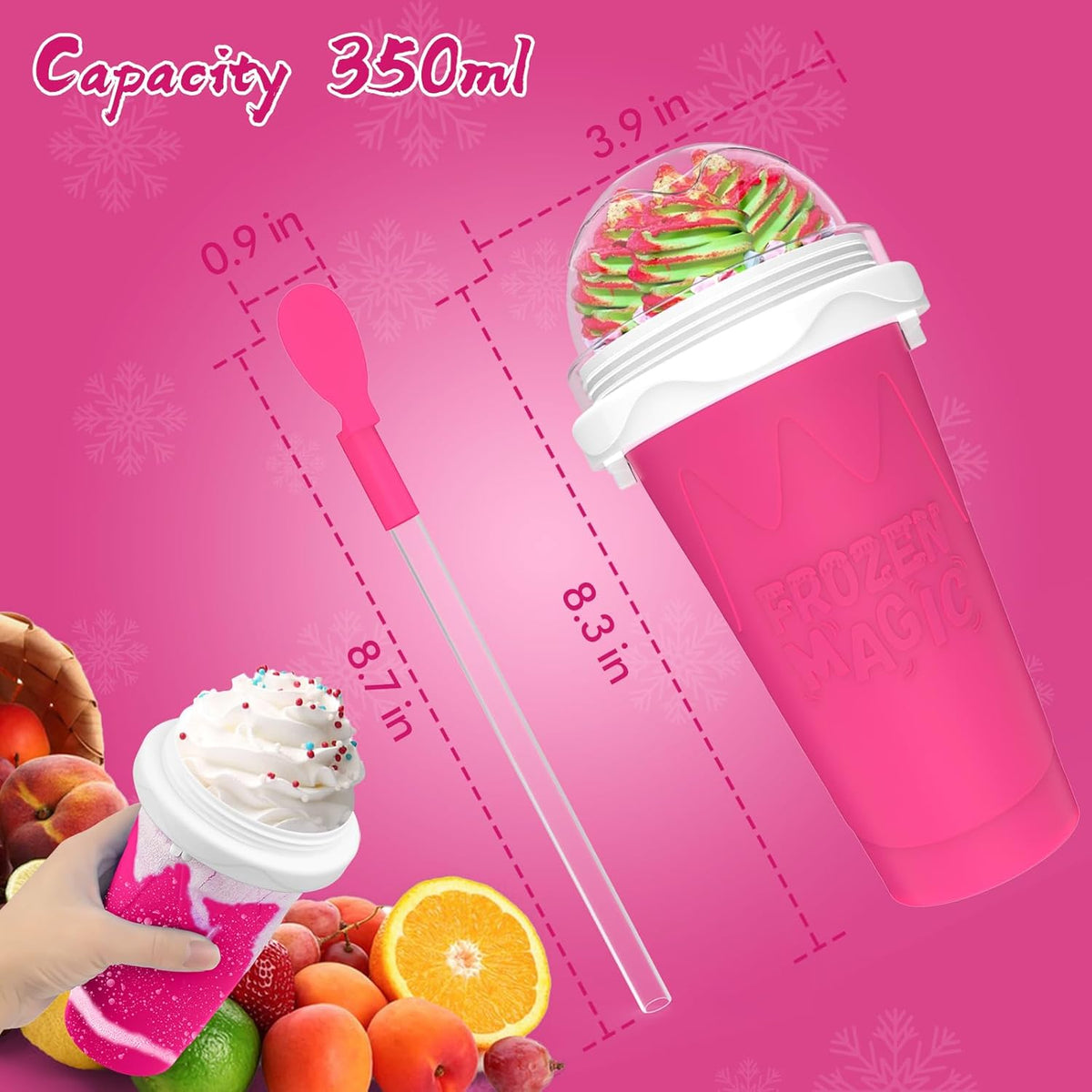 2PCS Slushie Maker Cup, Quick Frozen Magic Cups for Homemade Milk Shake Ice Cream Maker, Double Layer Squeeze Slushy Maker Cup, Birthday Gifts for Kids,Friends,Family (Pink+Green, 350ML)