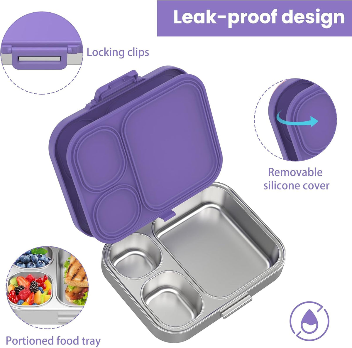 Stainless Steel Bento Lunch Box for Kids | 3-Compartment Lunch Box Container Kids | 100% Leakproof, Dishwasher-Safe, Eco-Friendly, Perfect Portion Control for Kids&Adult Healthy Meals (Purple)