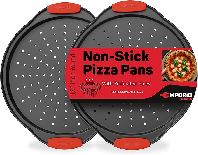 Non-Stick Pizza Pan with Silicone Handle 2 Pack, 13 Inch Round Carbon Steel Tray with Perforated Holes, Dishwasher & Oven Safe Up To 450°F, PFOAPFOSPTFE Free, Durable Nonstick Gray Coating
