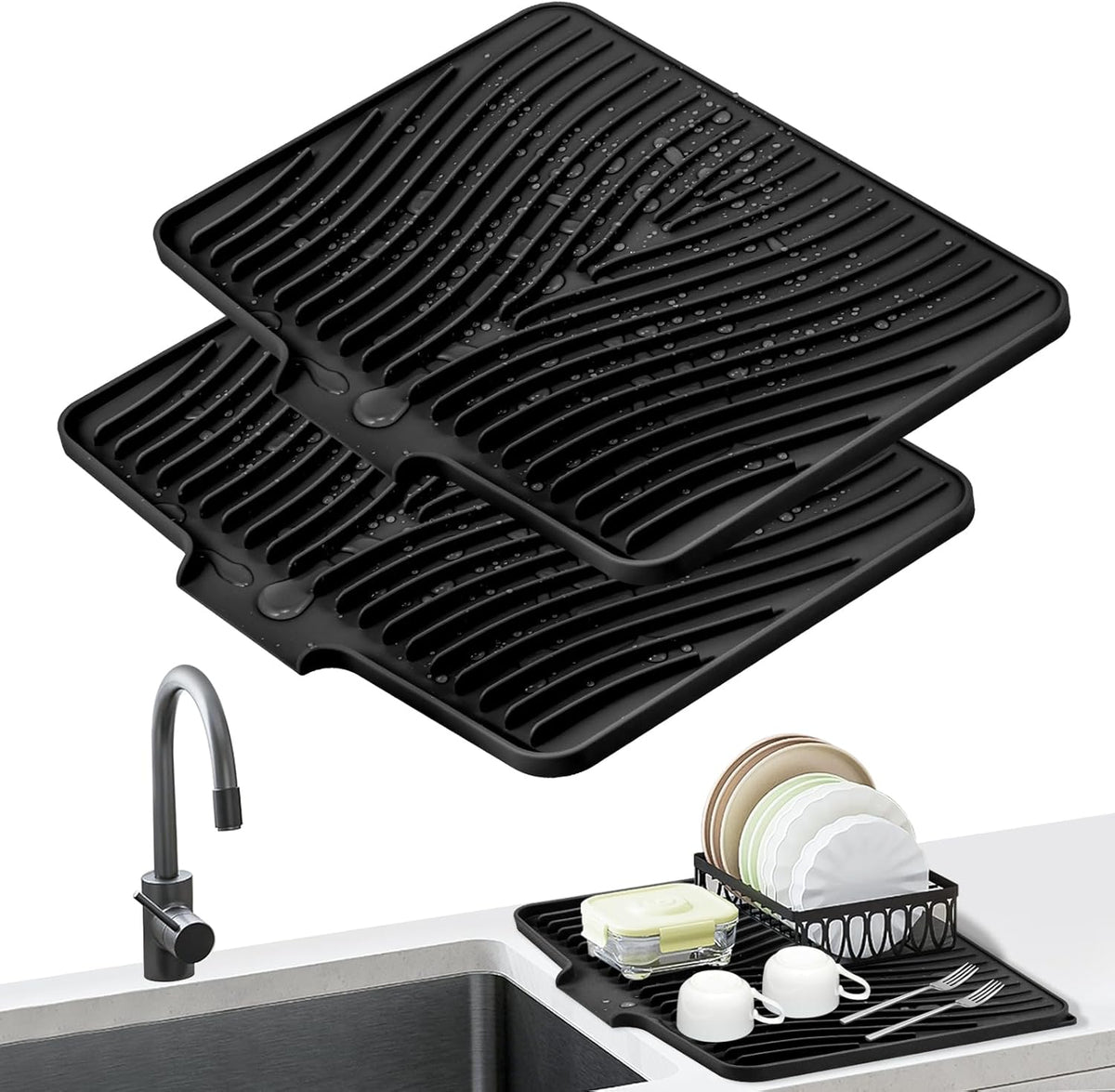 Dish Drying Mat, Stone Drying Mat for Kitchen Counter with Built-in Drain, Non-Slip Drying Matt Kitchen Counter, Heat Resistant Silicone Drying Mat, 2 Pcs(15.8"X 13", Black)