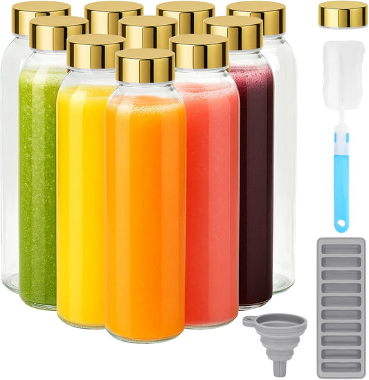 Zukro Glass Water Bottles with Gold Lids 18 oz, Reusable Clear Glass Juice Bottles Stainless Steel Airtight Cap for Juicing, 100% Leak Proof Juice Drinking Jar for Refrigerator, BPA Free, Set of 10