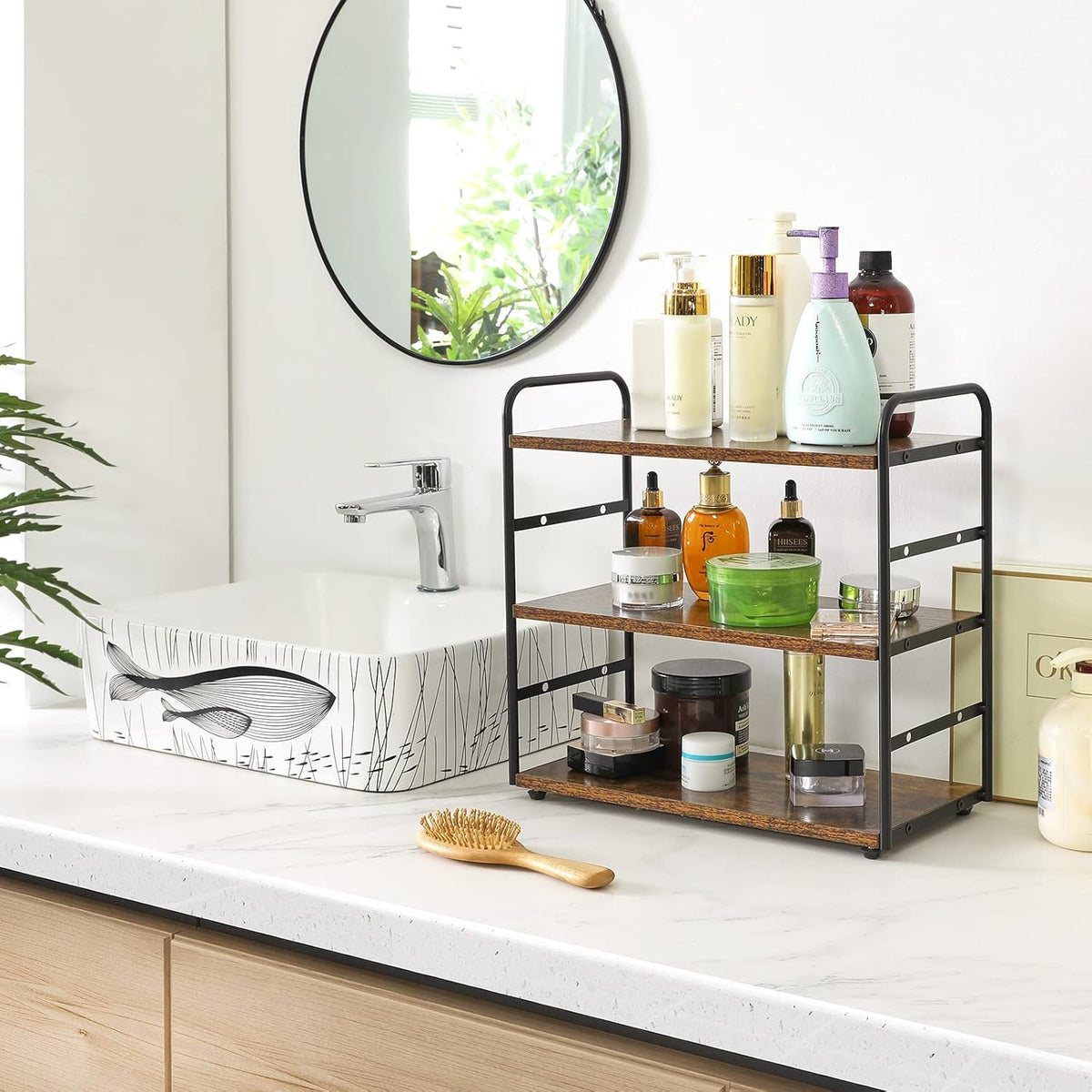 IBUYKE Set of 2 3-Tier Bathroom Counter Organizer, Tray Countertop Storage Shelf, Kitchen Spice Rack Standing, Counter Standing Rack Cosmetic Holder, Rustic Brown TWJ001H-2