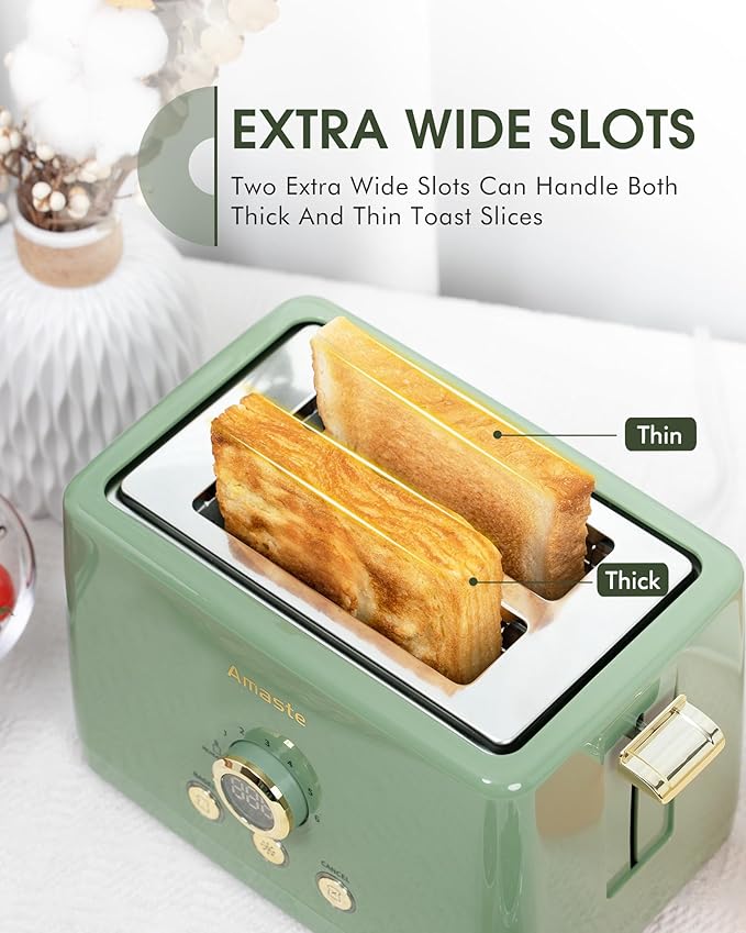 2 Slice Toaster, Retro Bread Toaster with LED Display, Extra Wide Slots Toasters with 6 Bread Shade Settings, Bagel, Cancel, Defrost Function, Stainless Steel with High Lift Lever, Removal Crumb Tray
