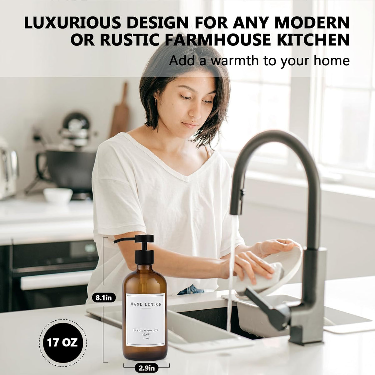 Amber Glass Soap Dispenser - Dish Hand Soap Dispenser for Kitchen, Bathroom Soap Lotion Dispenser with Pump, Refillable Liquid Soap Pump Dispenser Set with Tray, Amber Bottle/Black Pump-pd
