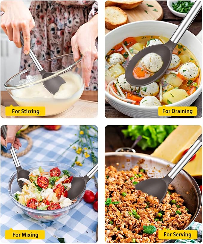 Pack of 2 Large Silicone Cooking Spoons,Non Stick Solid Basting Spoon,Heat-Resistant Kitchen Utensils for Mixing,Serving,Draining,Stirring (CHOCOLATE)