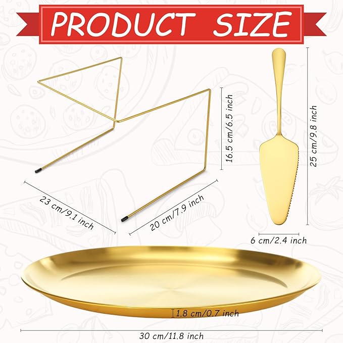 12 Pcs Pizza Stand Set: 4 Metal Stands, 4 Pizza Pans, 4 Spatulas for Weddings, Party(Gold,Classic)