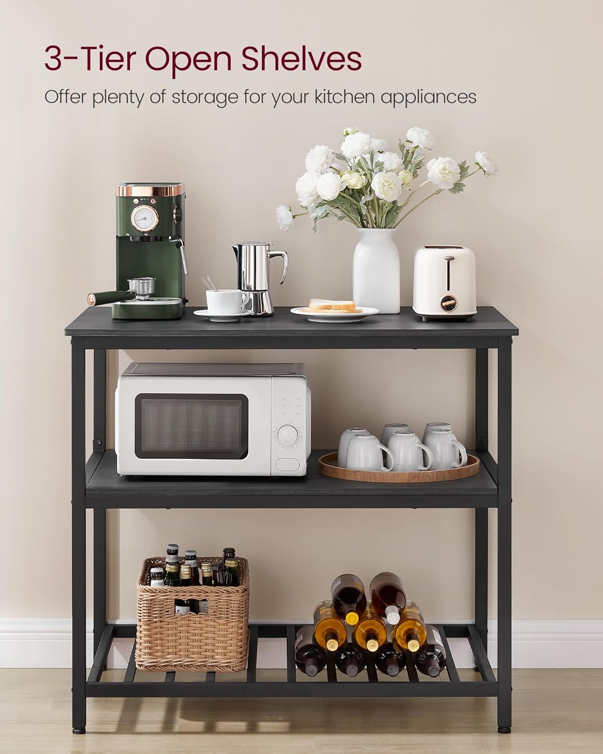 VASAGLE Kitchen Island with 3 Shelves, 39.4 Inches Width Kitchen Shelf with Large Worktop, Stable Steel Structure, Industrial, Easy to Assemble, Ebonised Oak and Black UKKI005B42