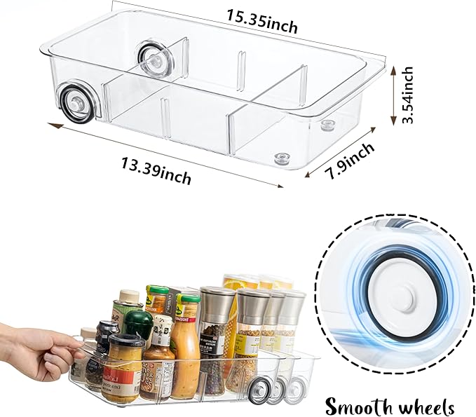 Fridge Organizer Bins With Wheels, 2 Pack Roll Out Refrigerator Organizers And Storage Refrigerator Drawer With Dividers, Upgrade Thick Plastic Pantry Storage Bins, Kitchen Organization
